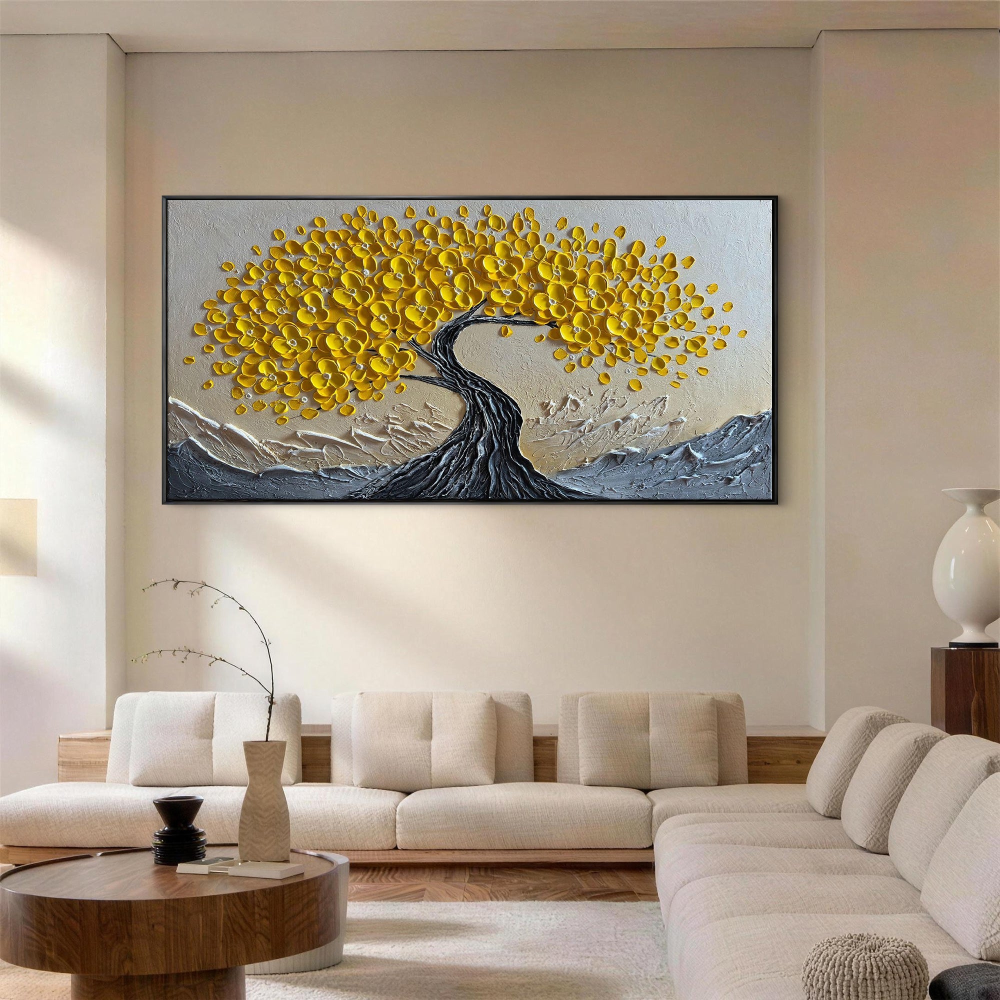 Golden Vigor – Yellow Flower Relief Texture Painting | Modern Luxury Botanical Bedroom & Living Room Art
