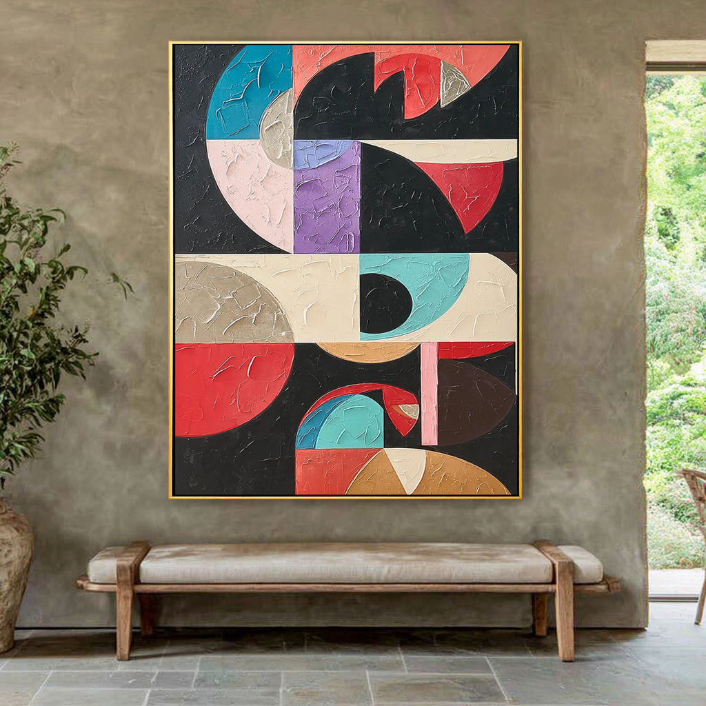 Geometric Pulse – Hand-Painted Multicolored Geometric Block Plaster Effect Abstract Painting | Bold Abstract Palette Knife Living Room Art