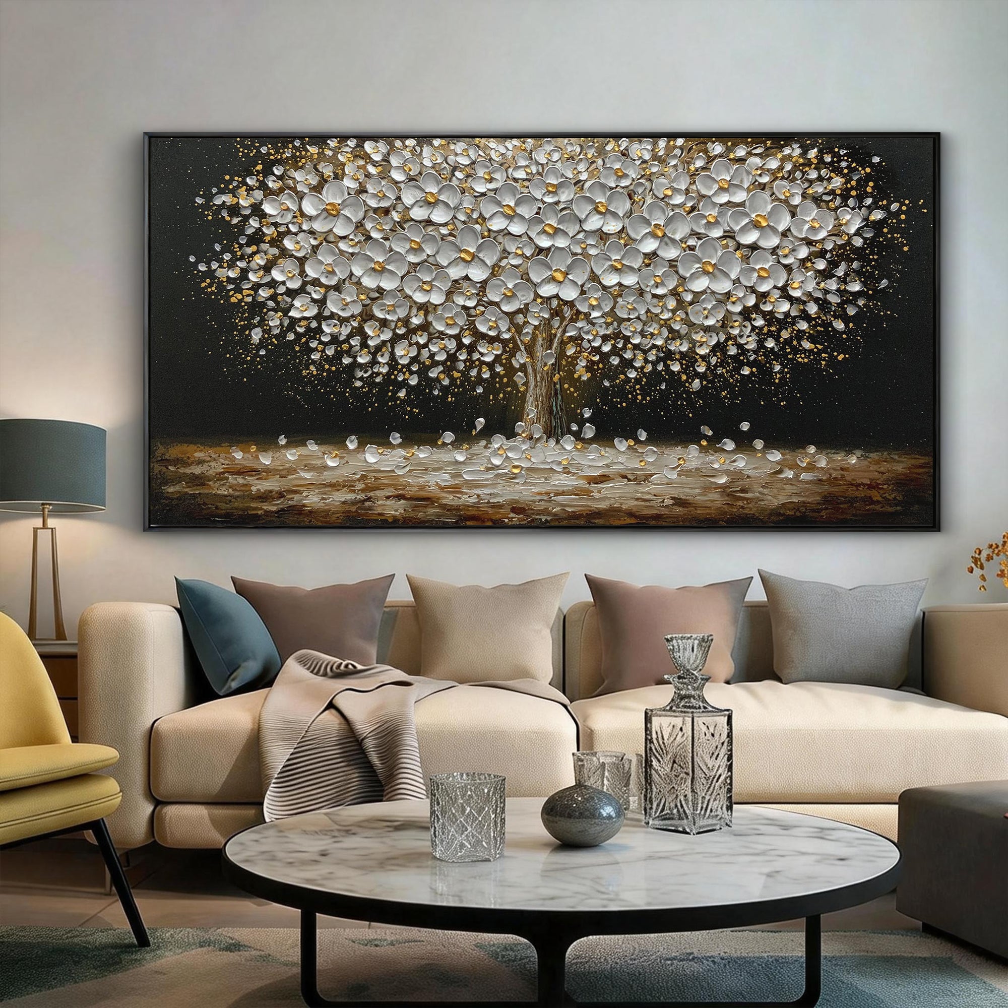 Golden Glow – Black and Gold Flower Tree Floral Painting | Modern Luxury Botanical Bedroom & Living Room Art