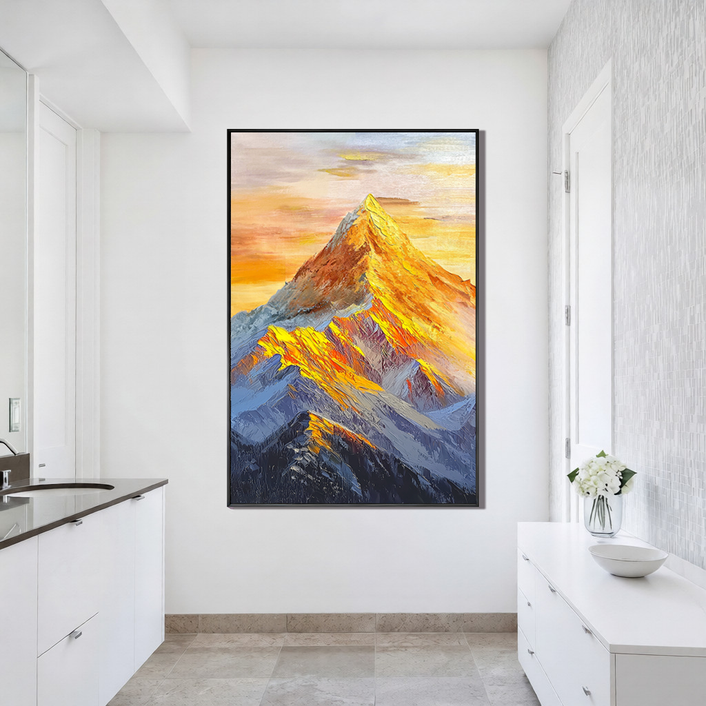 The Gilded Pinnacle – Contemporary Golden Hour Mountain Peak Painting | Vibrant Impasto Hallway Art