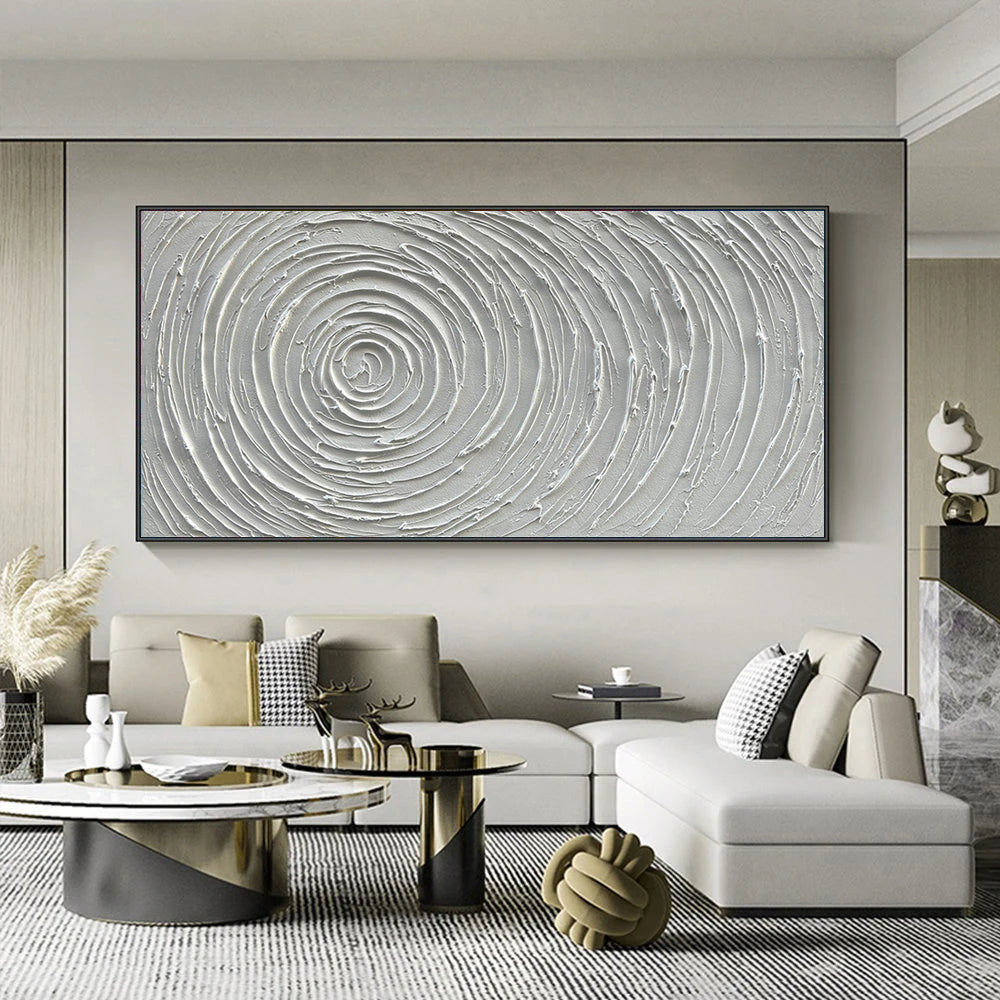 LUNAR RIPPLES: Panoramic 3D Plaster Texture Wall Art, Minimalist White Spiral Relief