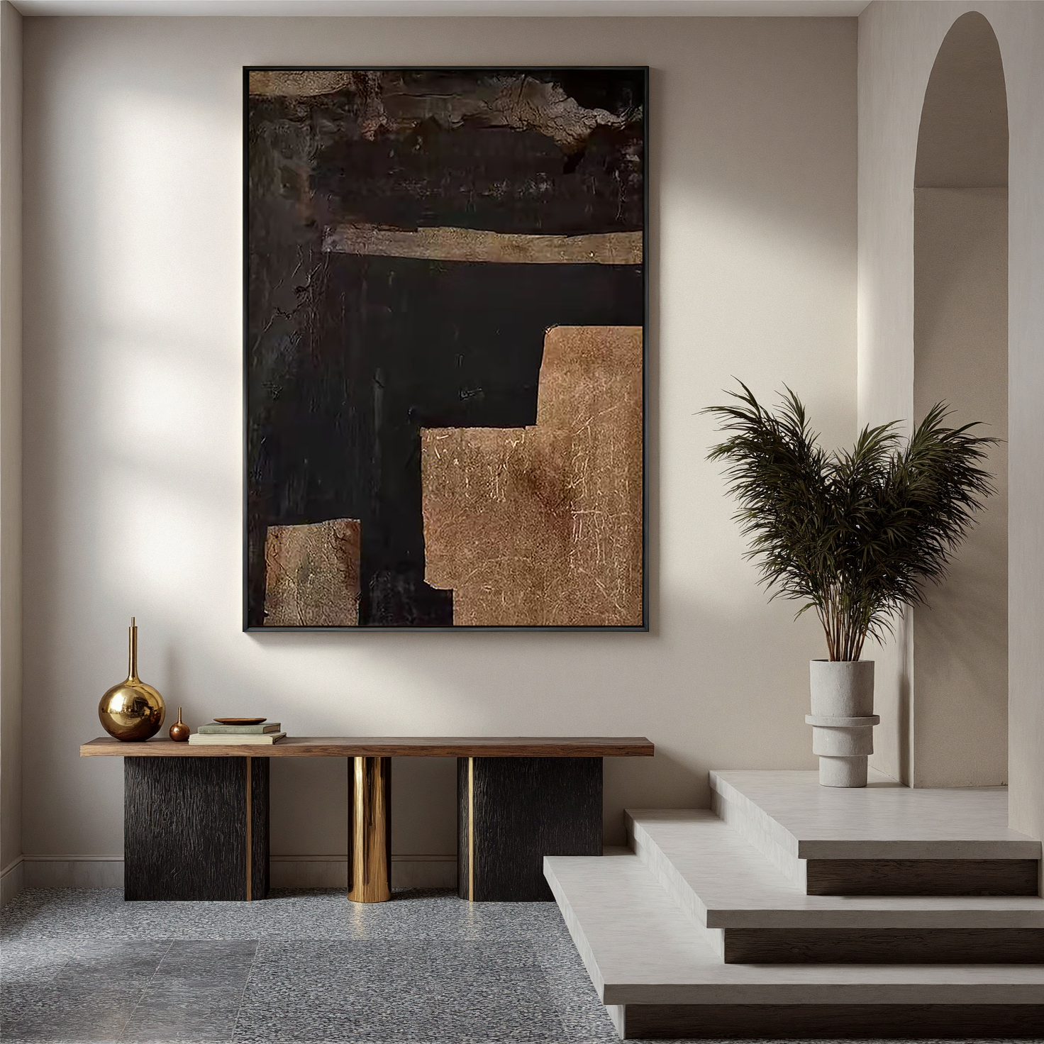 Time Fault Line – Wabi-Sabi Style Black-and-Gold Texture Painting | Modern Industrial-Style Hallway Art