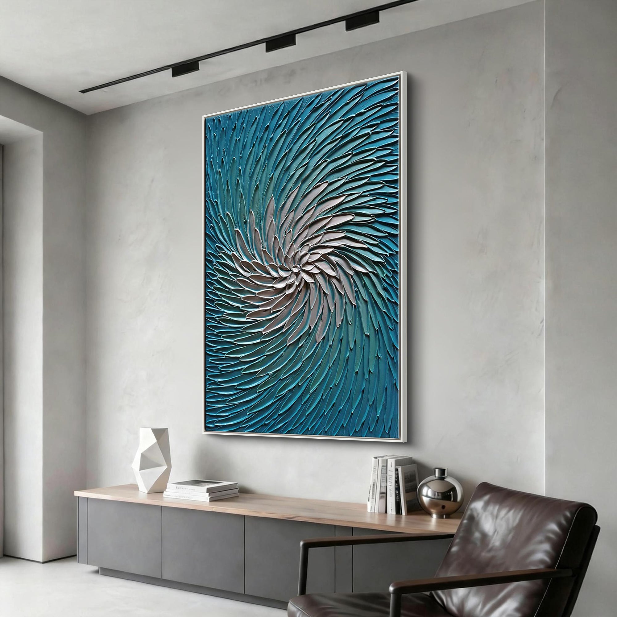 The Ocean Vortex – Modern Teal & Ivory Heavy Impasto Painting | Abstract Coastal Minimalist Hallway Art
