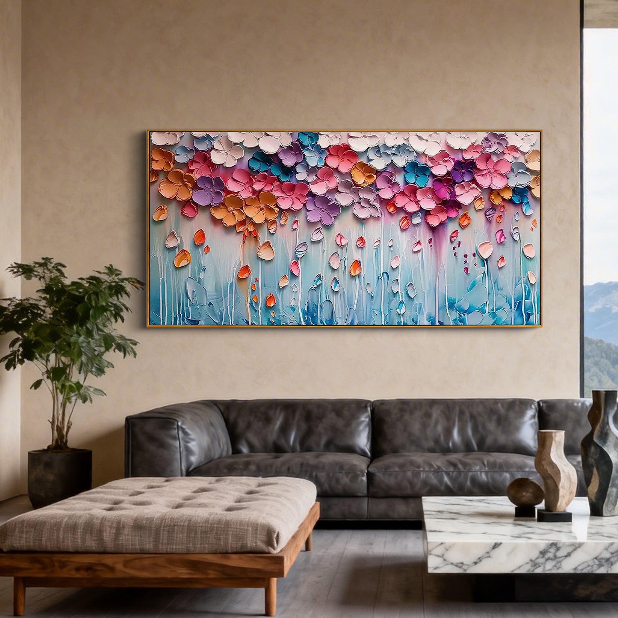 Dreamy Floral Rain – Modern Vibrant Impasto Pastel Flowers Painting | Healing Romantic Living Room Art