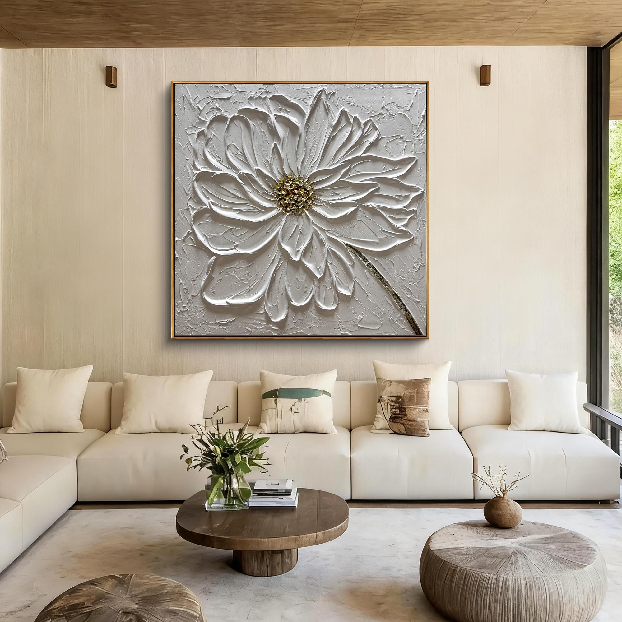 Floral Zenith – Heavy Impasto White Petal Relief Floral Painting | Contemporary Botanical Bedroom & Living Room Art