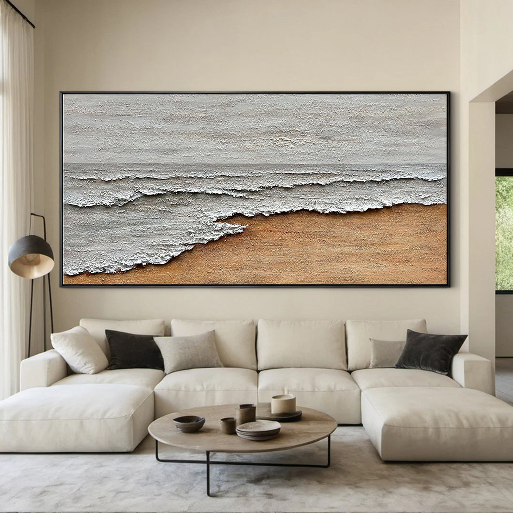 Coastal Echo – Wabi-Sabi Sand and Wave Relief Abstract Painting | Contemporary Landscape Living Room & Dining Room Art