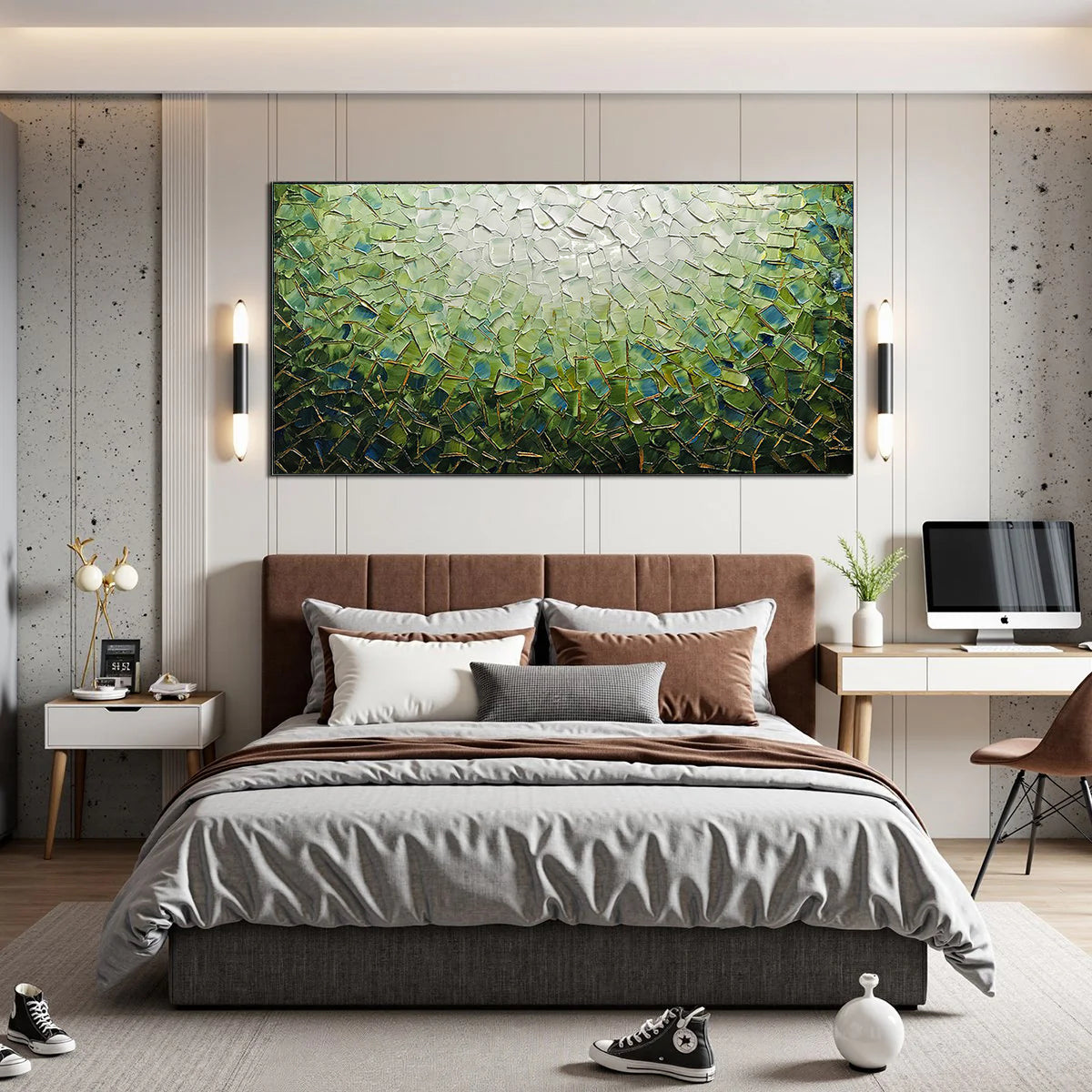 Emerald Radiance – Green and Gold Impasto Landscape Abstract Painting | Contemporary Landscape Living Room & Dining Room Art