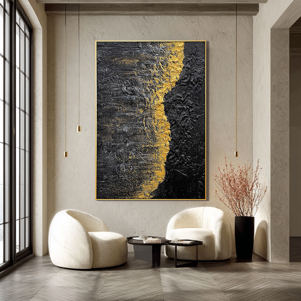 Golden Rift – Heavy Impasto Black and Gold Abstract Art | Luxury Minimalist Living Room Art
