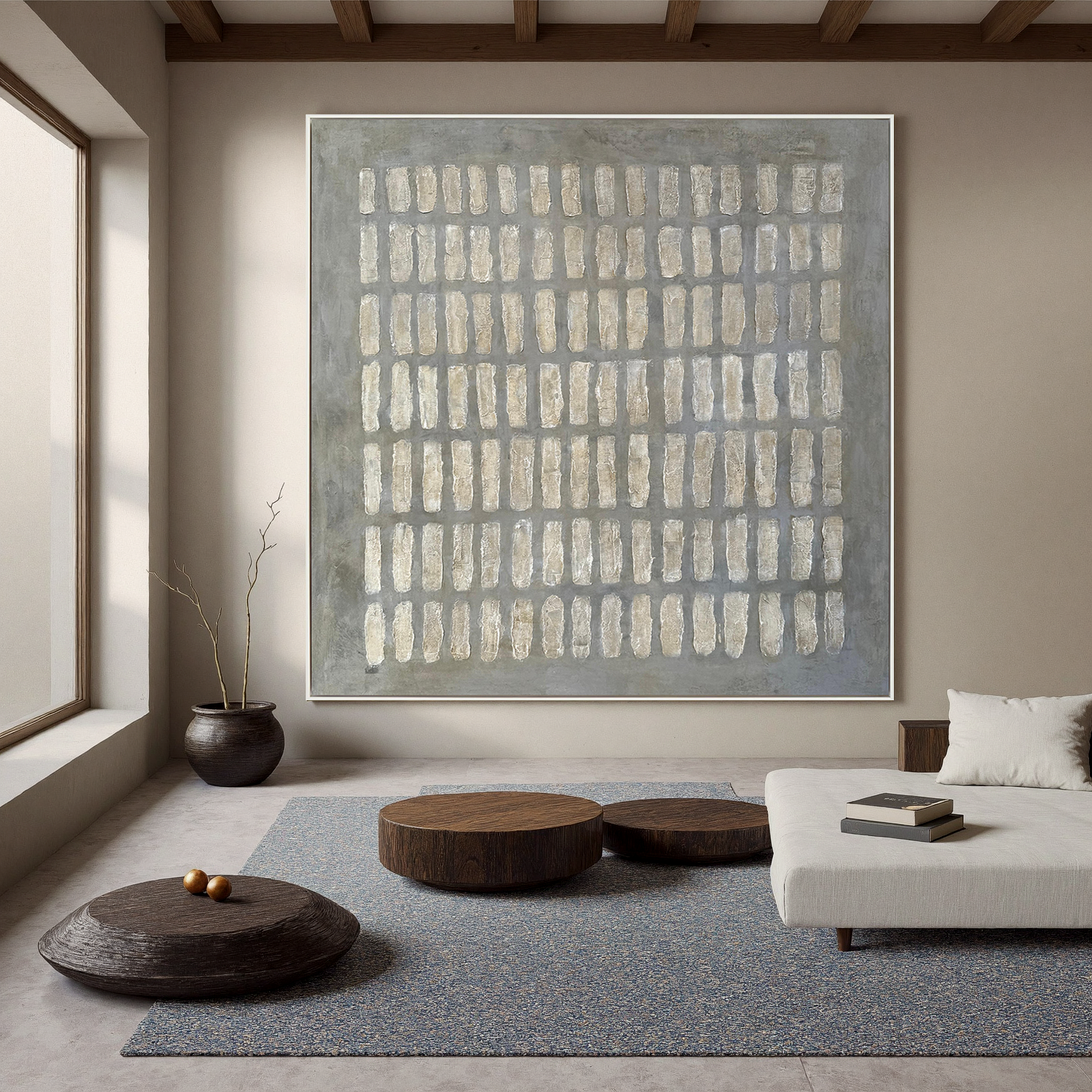 Stone Echo – Wabi-Sabi Slate Grey Minimalist Grid Painting | Modern Geometric Textured Hallway Art