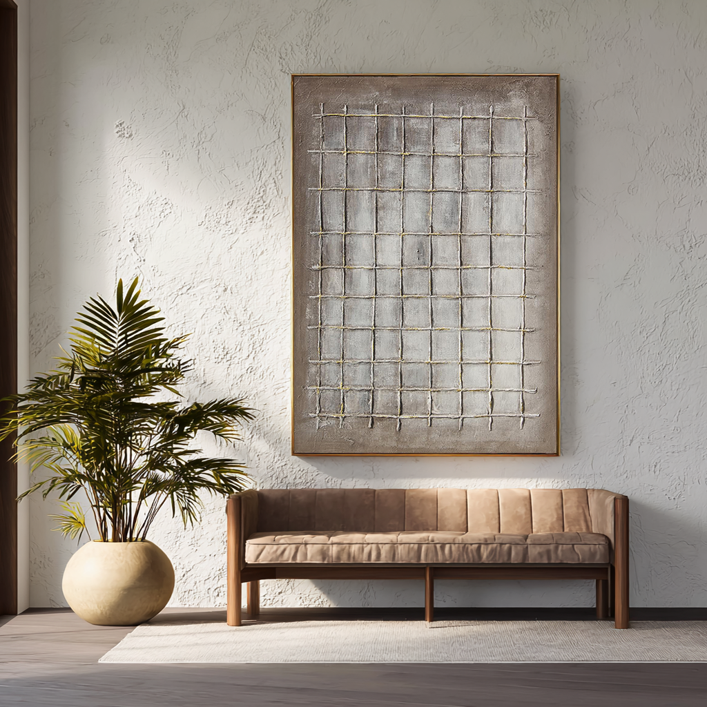 Ancient Grid – Modern Neutral Plaster Relief Grid Wabi-Sabi Painting | Japandi Organic Wabi-Sabi Living Room & Hallway Art