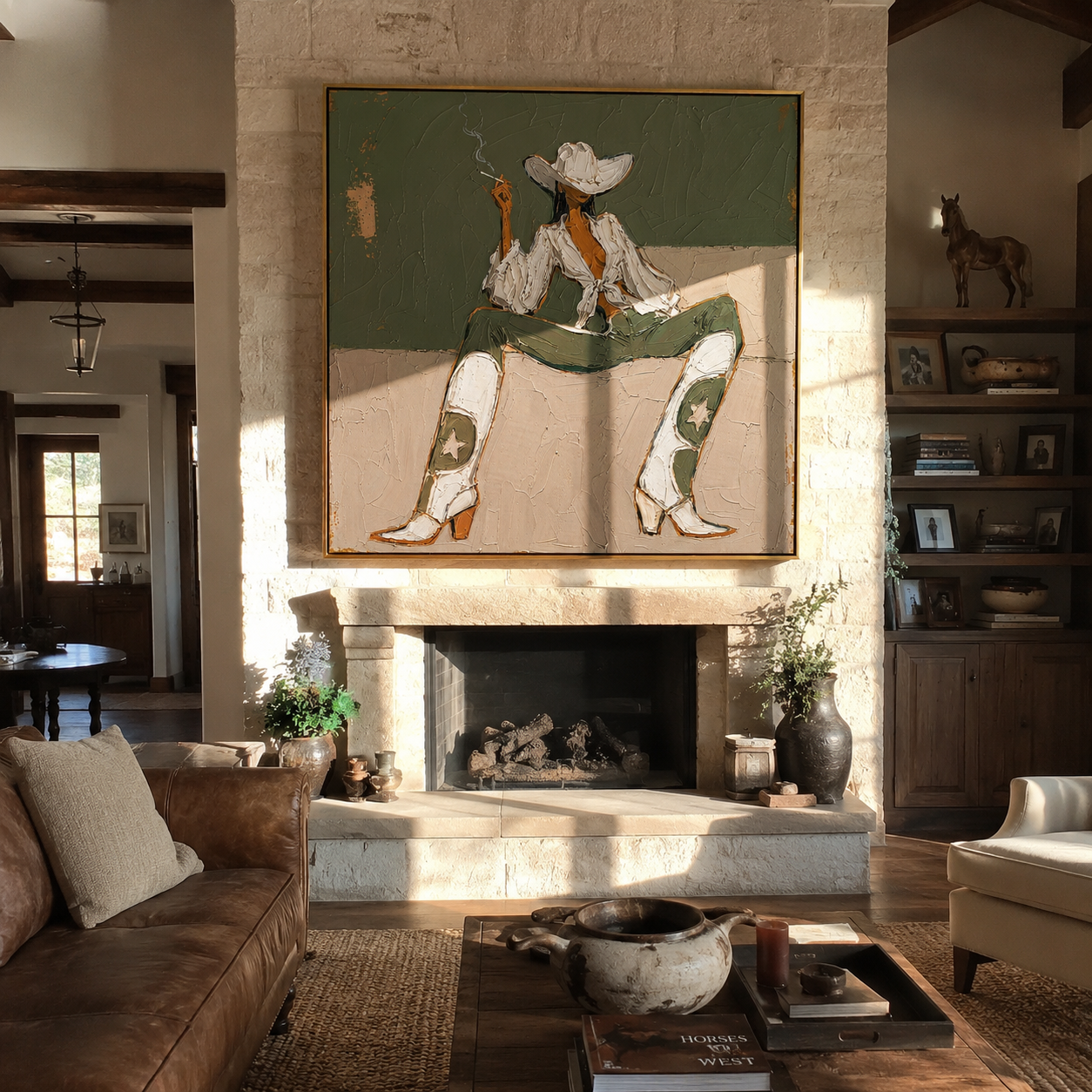 White Boots Hold Ground – Green Cowgirl Painting | Retro Modern Square Wall Art