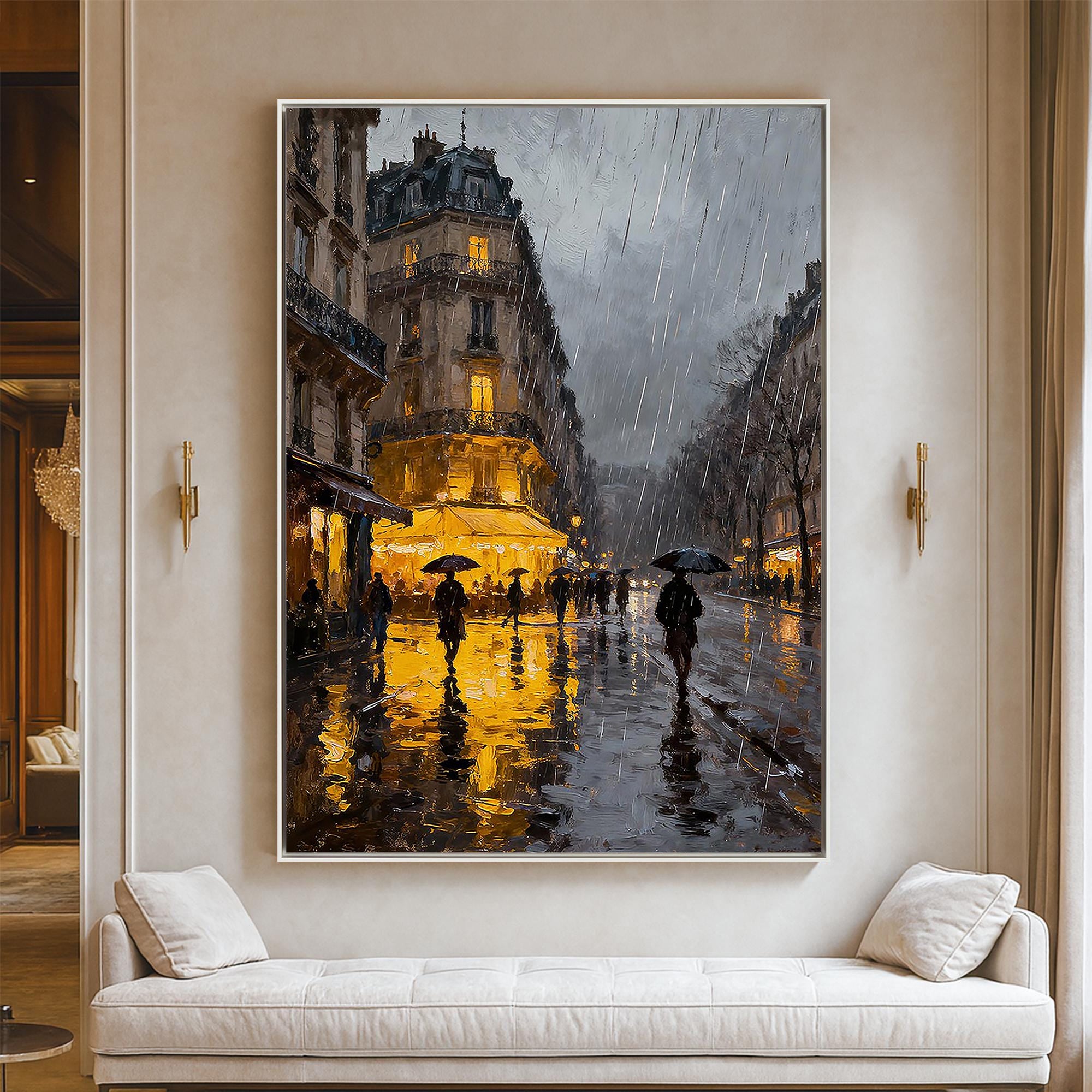 Raindrop Glow – Romantic Cityscape Oil Impressionist Painting | Contemporary Expressionist Living Room & Office Art