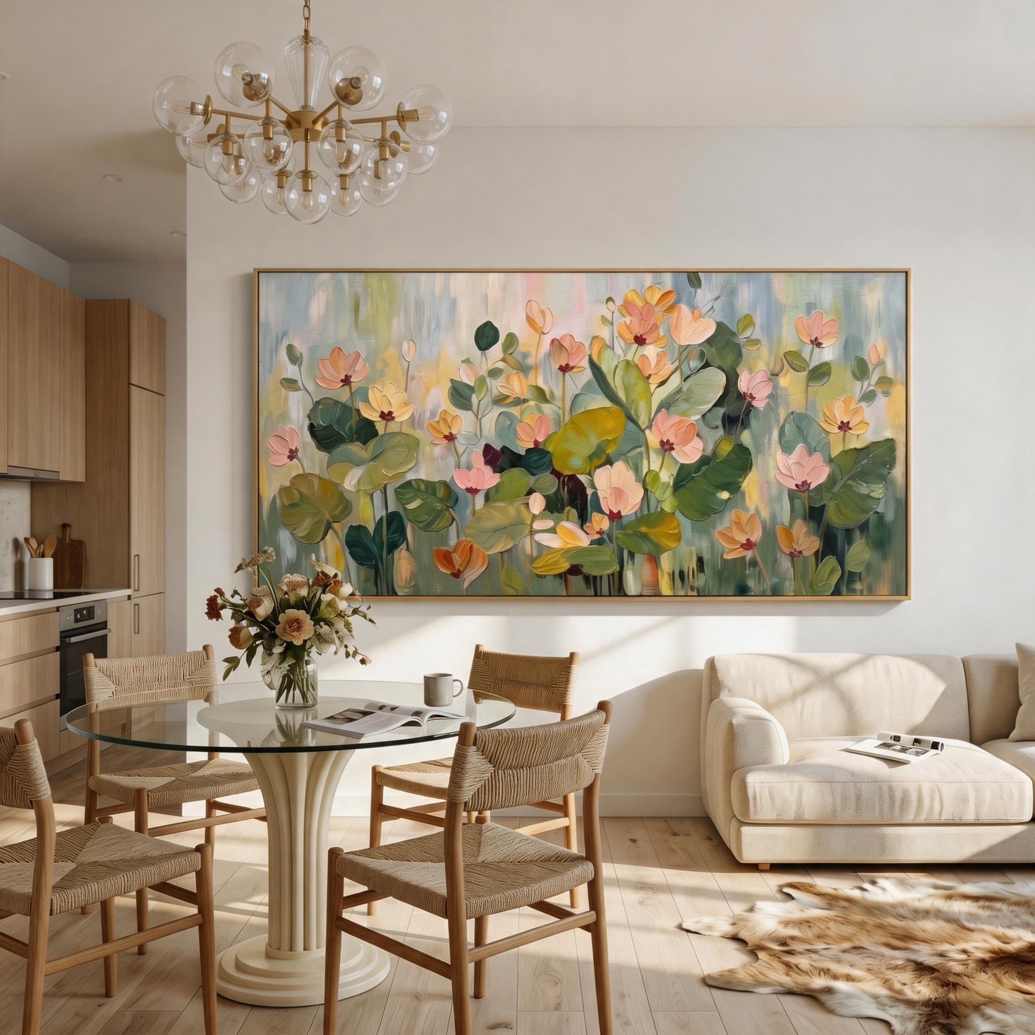 Endless Bloom – Modern Hand-Painted Horizontal Floral Oil Painting | Minimalist Living Room Wall Decor