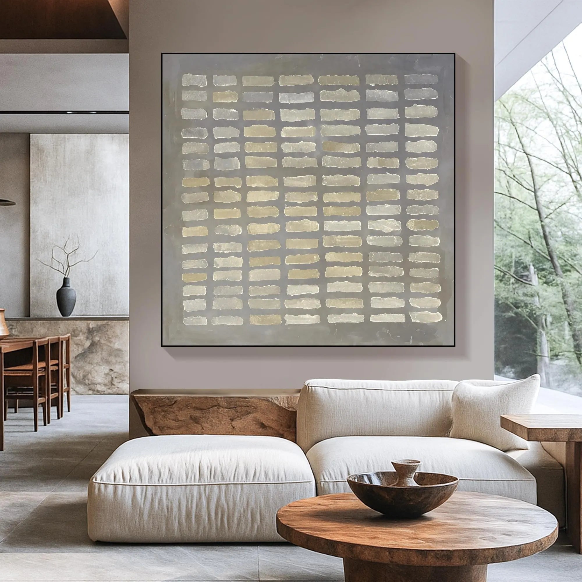 Whispered Matrix – Wabi-Sabi Slate Grey Minimalist Grid Painting | Modern Geometric Textured Hallway Art
