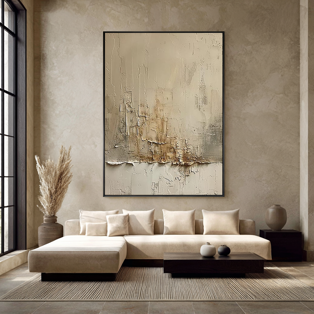 ARCTIC STRATA: Texture Wall Art, Hand-Painted Off-White and Metallic Gold Plaster Relief Heavy Texture Canvas Painting