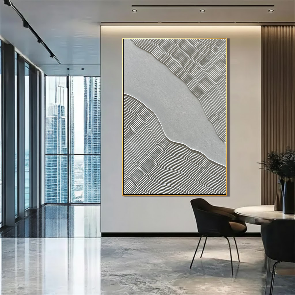 Silent Ripples – Wabi-sabi Linear Texture Painting | Minimalist Grey 3D Relief Hallway Art