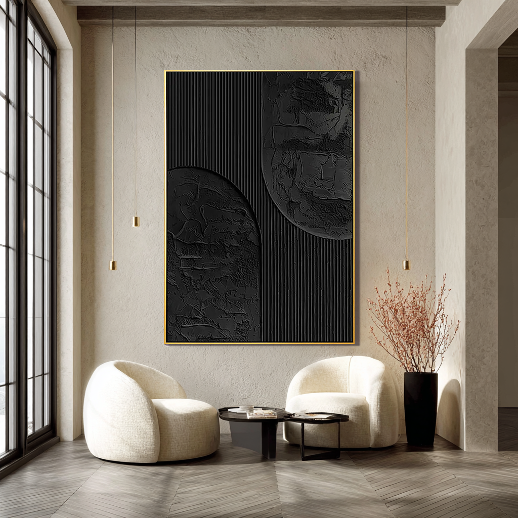 Midnight Silence – Hand-Painted Pure Black Plaster Effect Geometric Relief Wabi-Sabi Painting | Japandi Wabi-Sabi Living Room & Bedroom Art