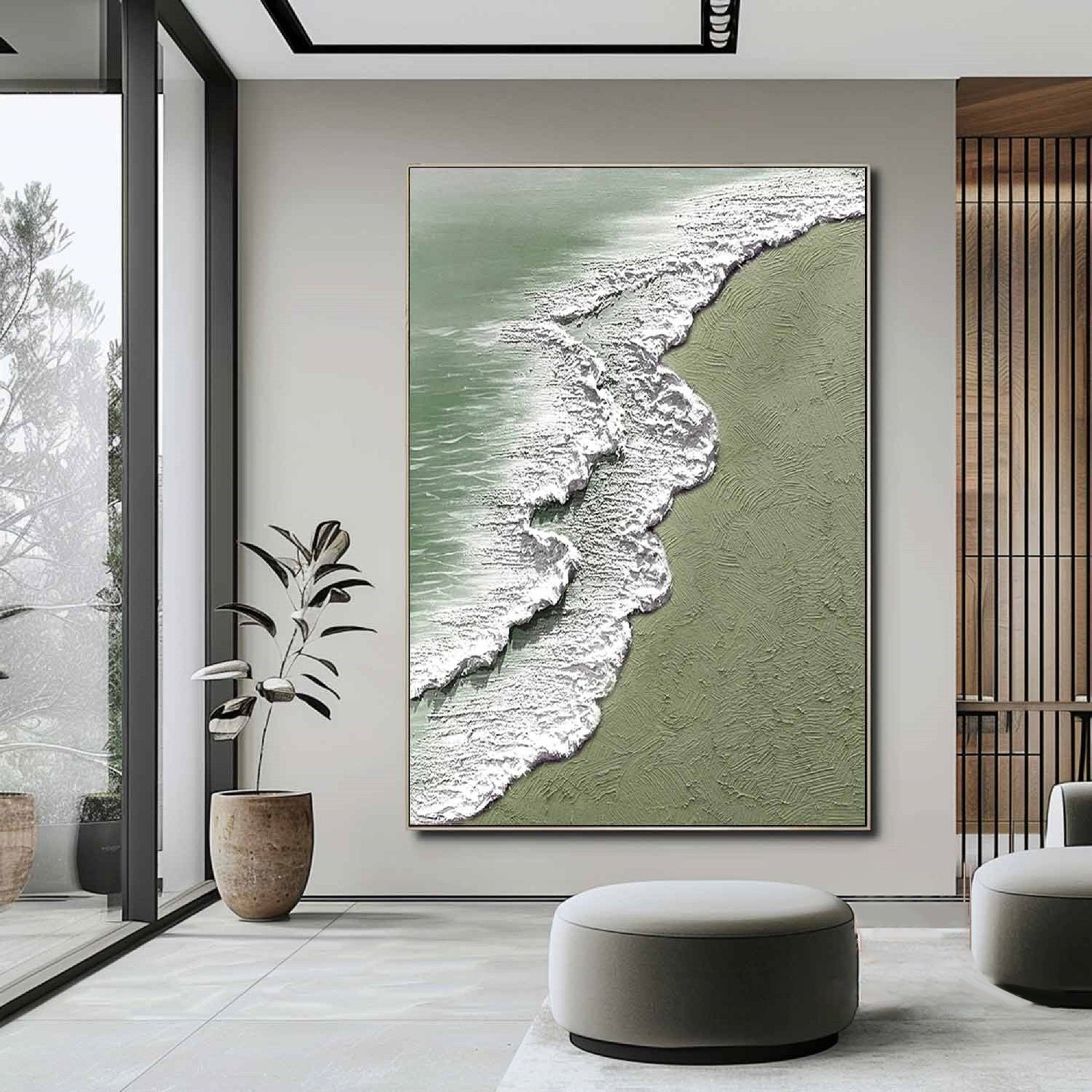 The Silent Shore – Modern Textured Painting | Creative Wabi-Sabi Sage Green Ocean Wave Hallway Art