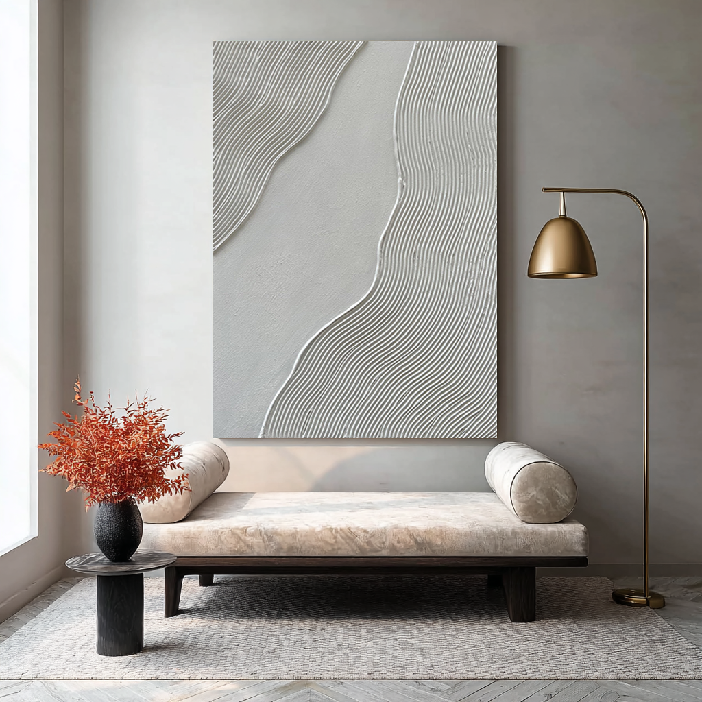 Silk Ripples – Modern White Linear Wave Relief Texture Painting | Contemporary Plaster Texture Living Room & Office Art