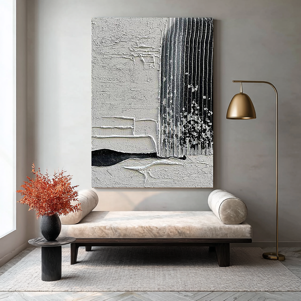 INDUSTRIAL RIDGE: Modern Abstract Minimalist Wall Art, Black & White Vertical Plaster Relief