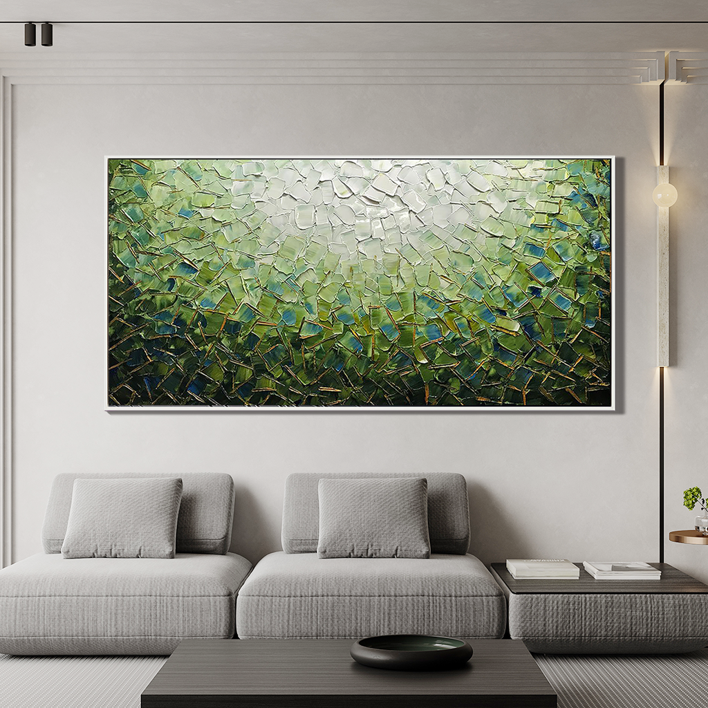 Emerald Radiance – Green and Gold Impasto Landscape Abstract Painting | Contemporary Landscape Living Room & Dining Room Art
