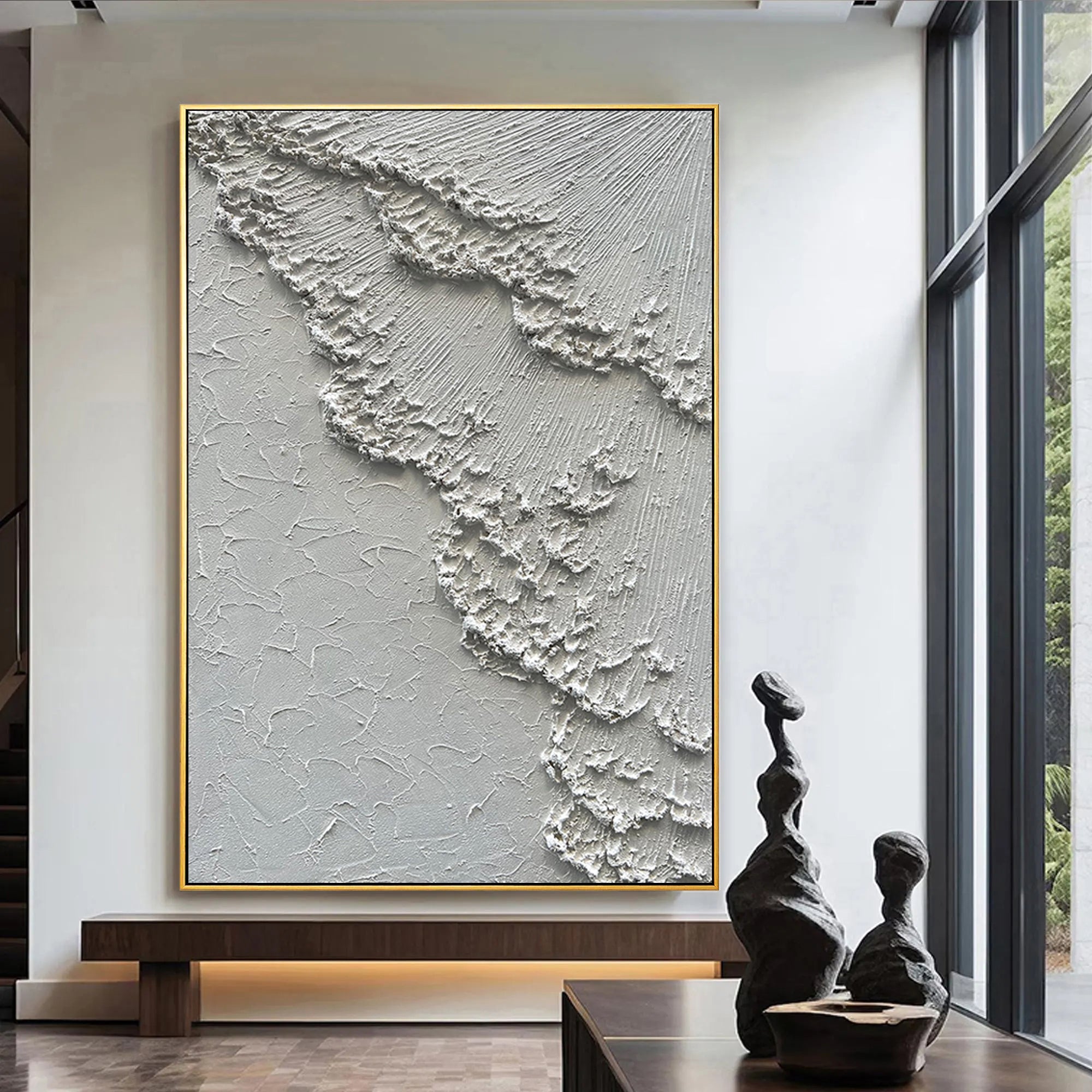 FROSTED RIDGE: 3D Heavy Texture Plaster Wall Art, Rugged White Rock Relief Painting