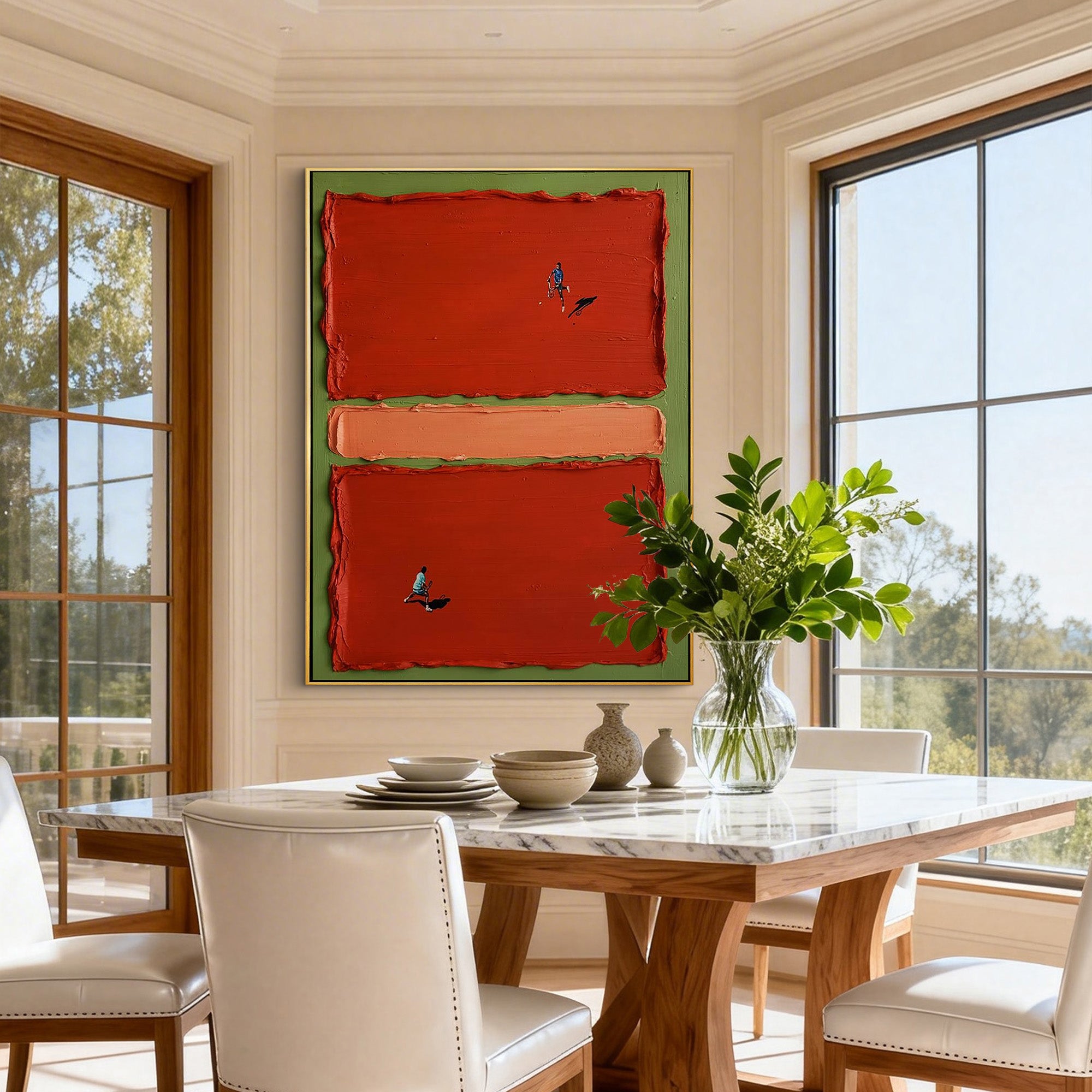 VIVID RACE: Creative Miniature People Oil Painting, Heavy Texture Red Block Abstract Art