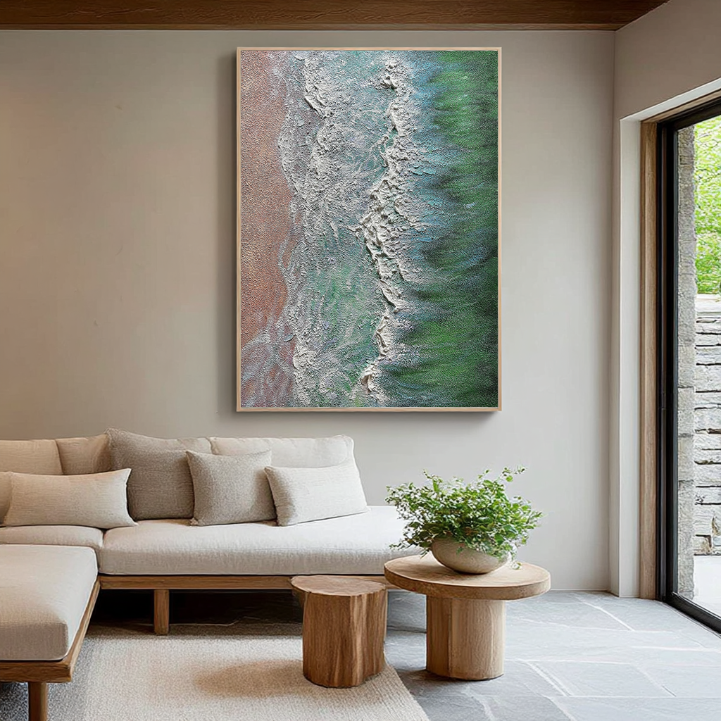 Emerald Coast – Heavy Impasto Textured Seascape Aerial Painting | Coastal Modern Living Room & Bedroom Art