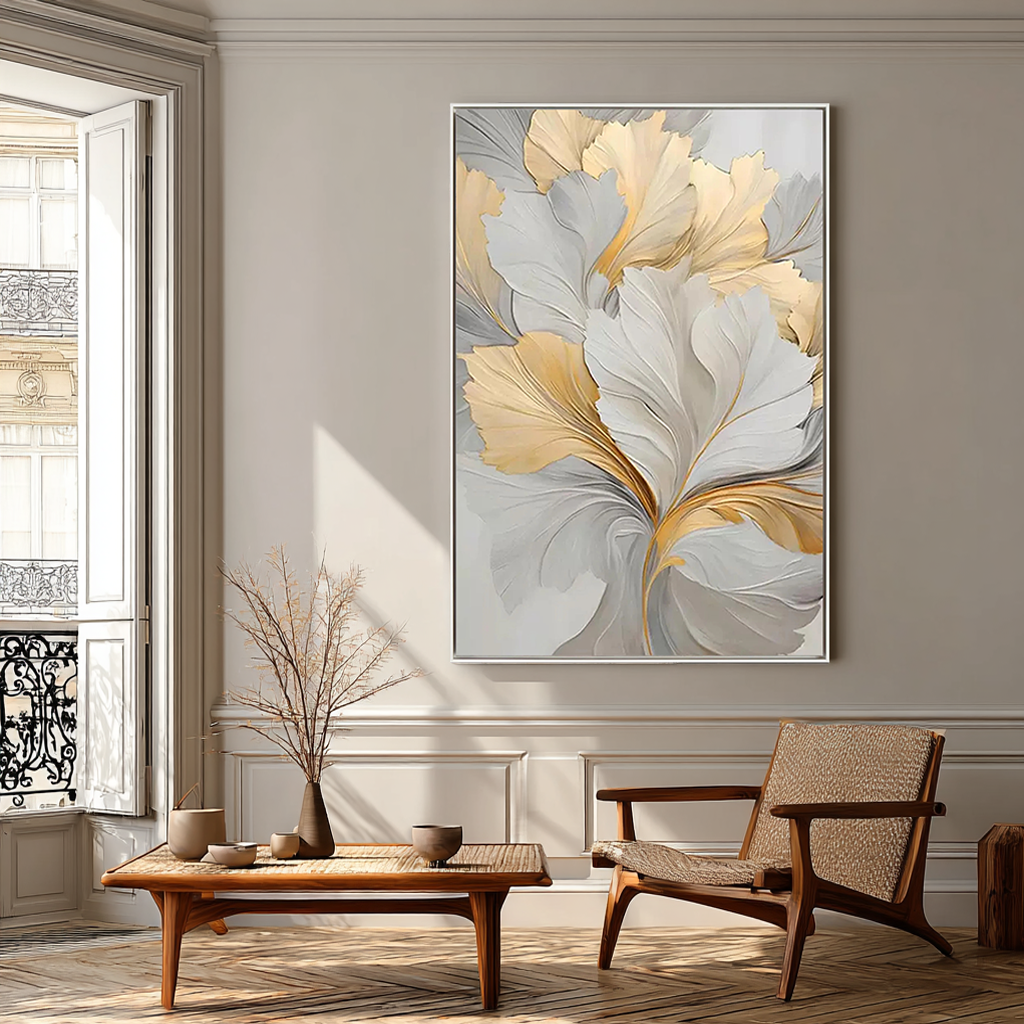 Meadow Bloom – Hand-Painted Minimalist Beige and Rainbow Wildflower Floral Painting | Vibrant Botanical Living Room & Dining Room Art