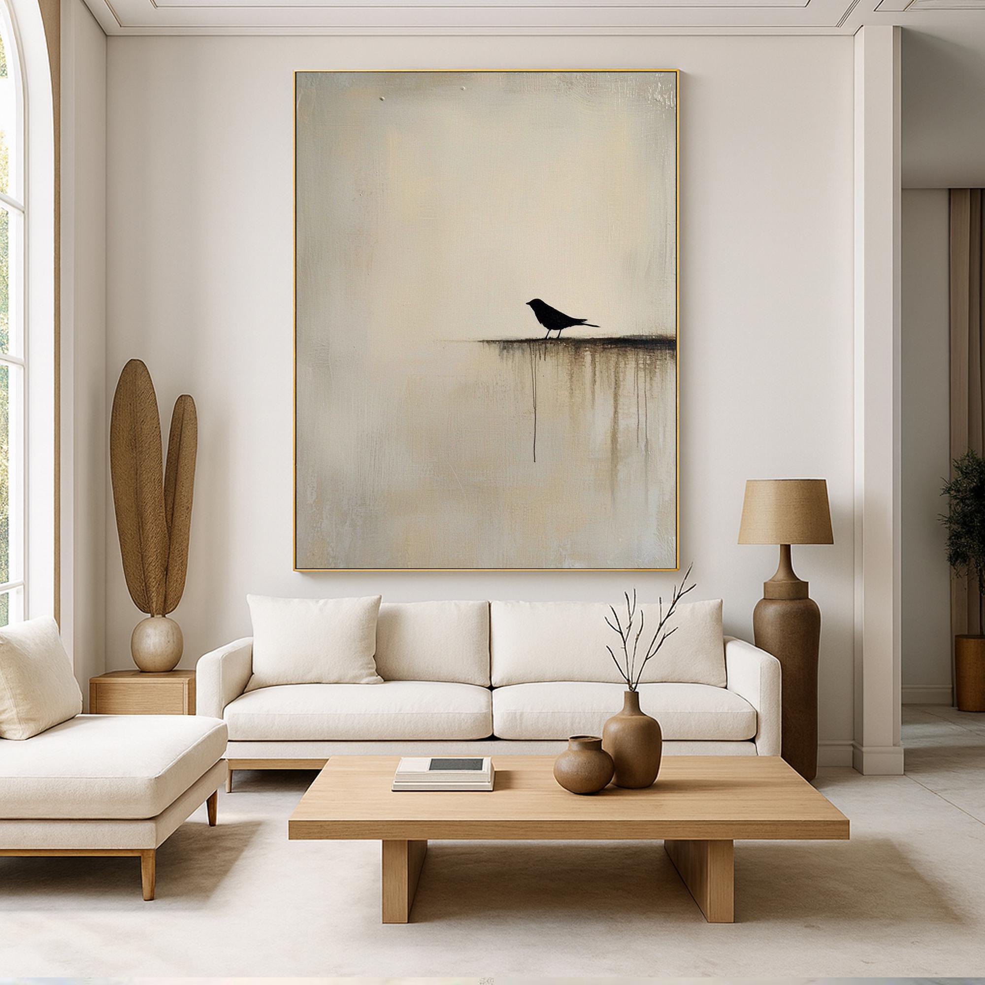 The Silent Roost – Wabi-Sabi Minimalist Solitary Bird Painting | Modern Warm Grey Home Office Art
