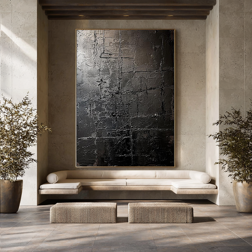 Charcoal Vestige – Hand-Painted Distressed Black Plaster Relief Wabi-Sabi Painting | Modern Noir Wabi-Sabi Living Room & Home Office Art