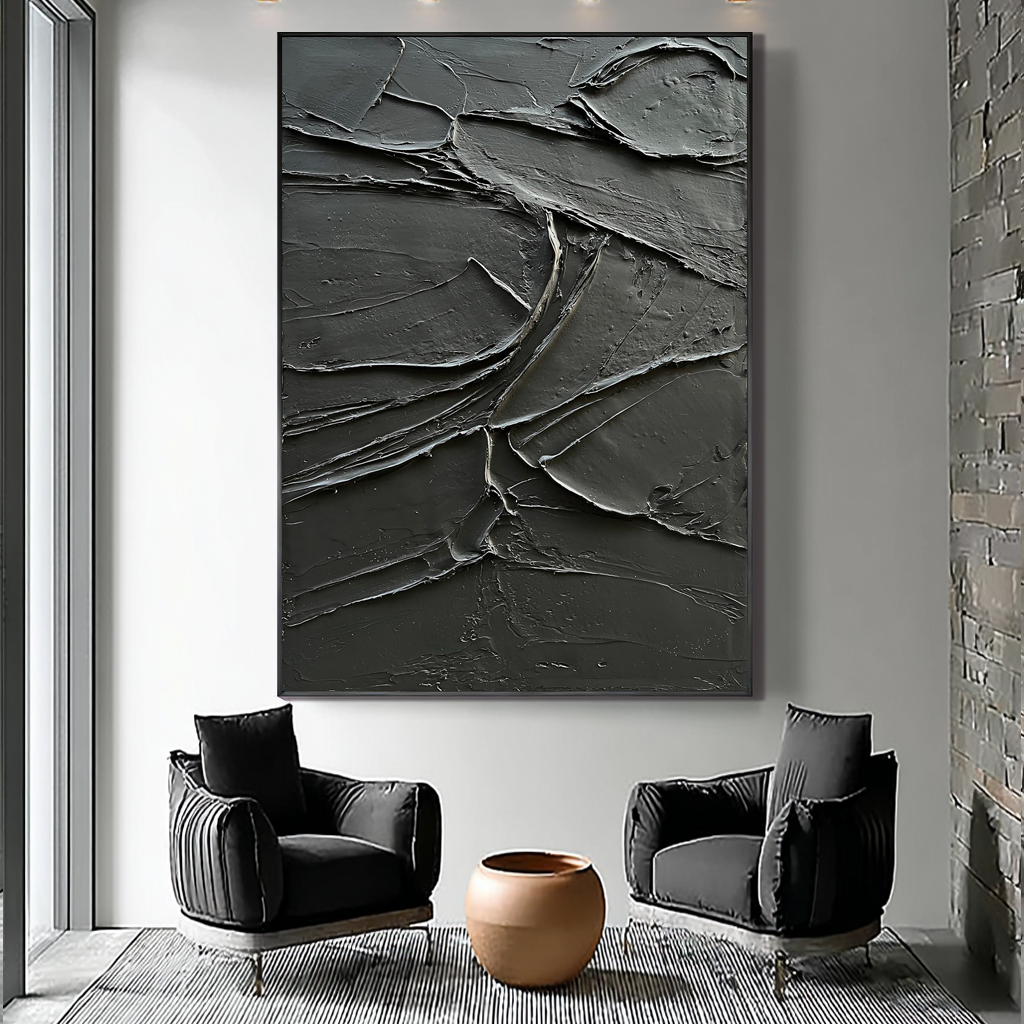 Onyx Ridge – Rugged Plaster Relief Abstract Painting | Modern Abstract Living Room & Office Art