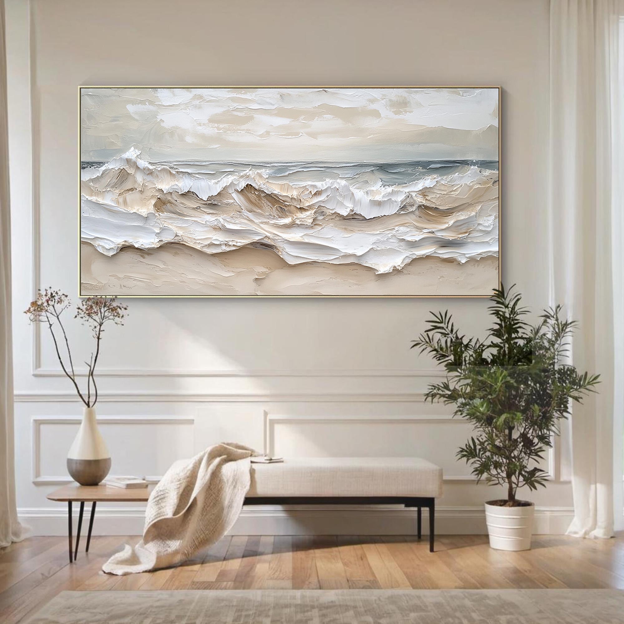 Whipped Tides – Hand-Painted Creamy White Ocean Wave Plaster Effect Seascape Painting | Coastal Modern Living Room & Bedroom Art