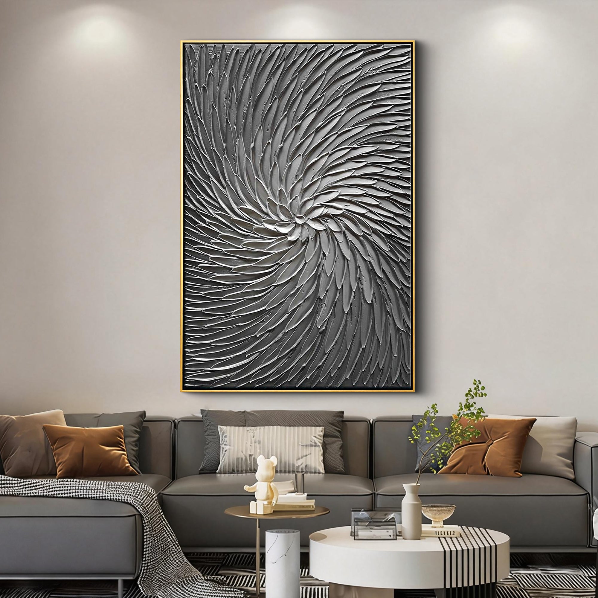 Silver Cyclone – Modern Architectural Gray Heavy Impasto Painting | Luxury Minimalist HallwayArt