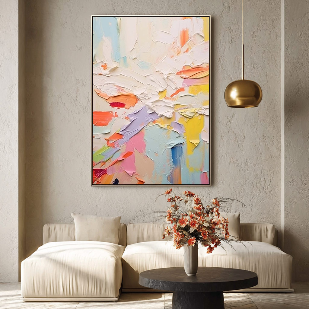 Pastel Energy – Hand-Painted Multicolored Macaron Palette Knife Abstract Painting | Bold Abstract Palette Knife Living Room Art