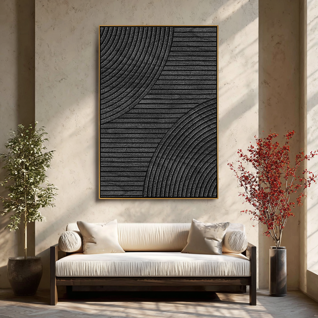 LINEAR ECLIPSE: Texture Wall Art, Hand-Painted All-Black Minimalist Geometric Plaster Relief 3D Textured Gallery Art