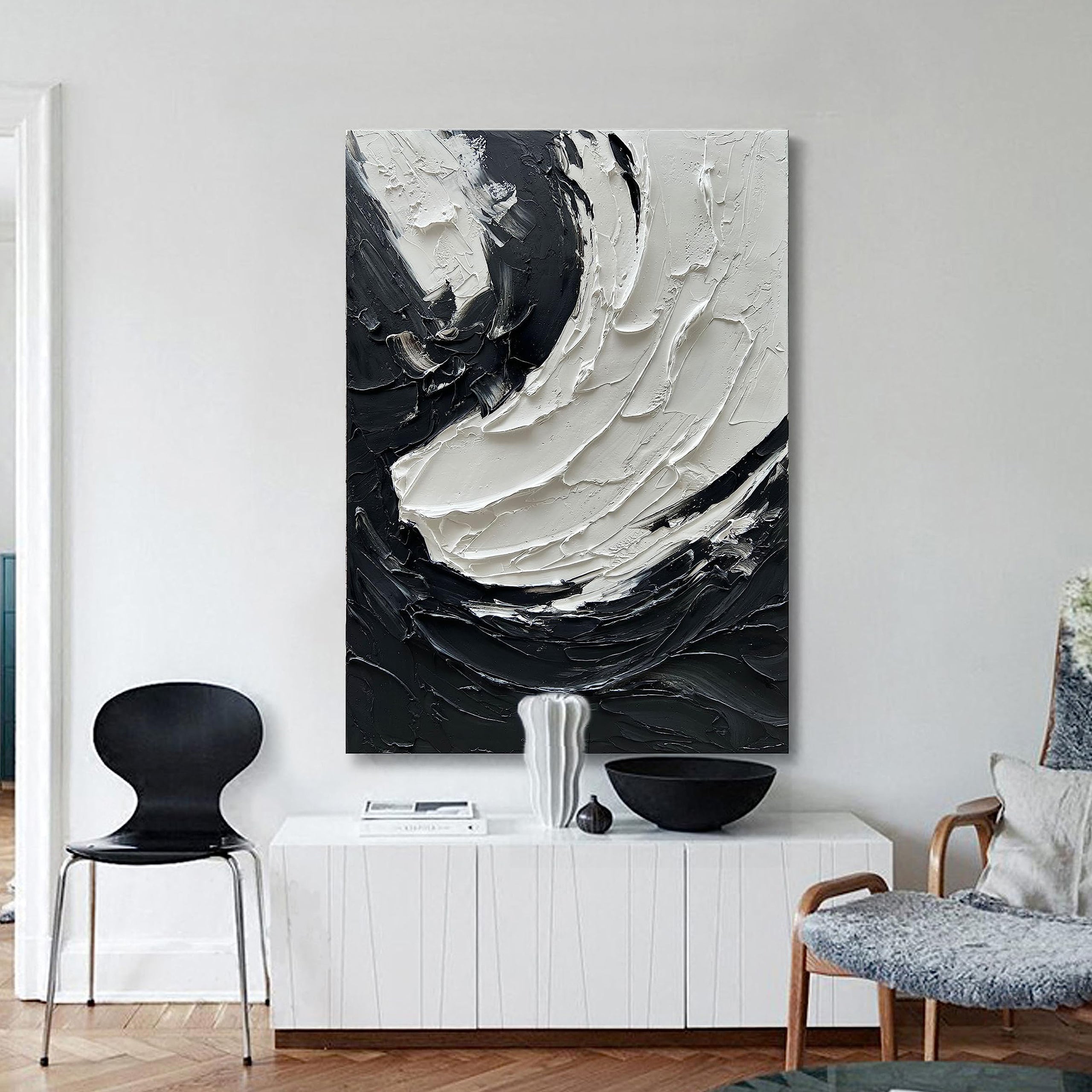 ZEN FLOW: 3D Heavy Texture Black and White Wall Art, Modern Impasto Swirl Relief