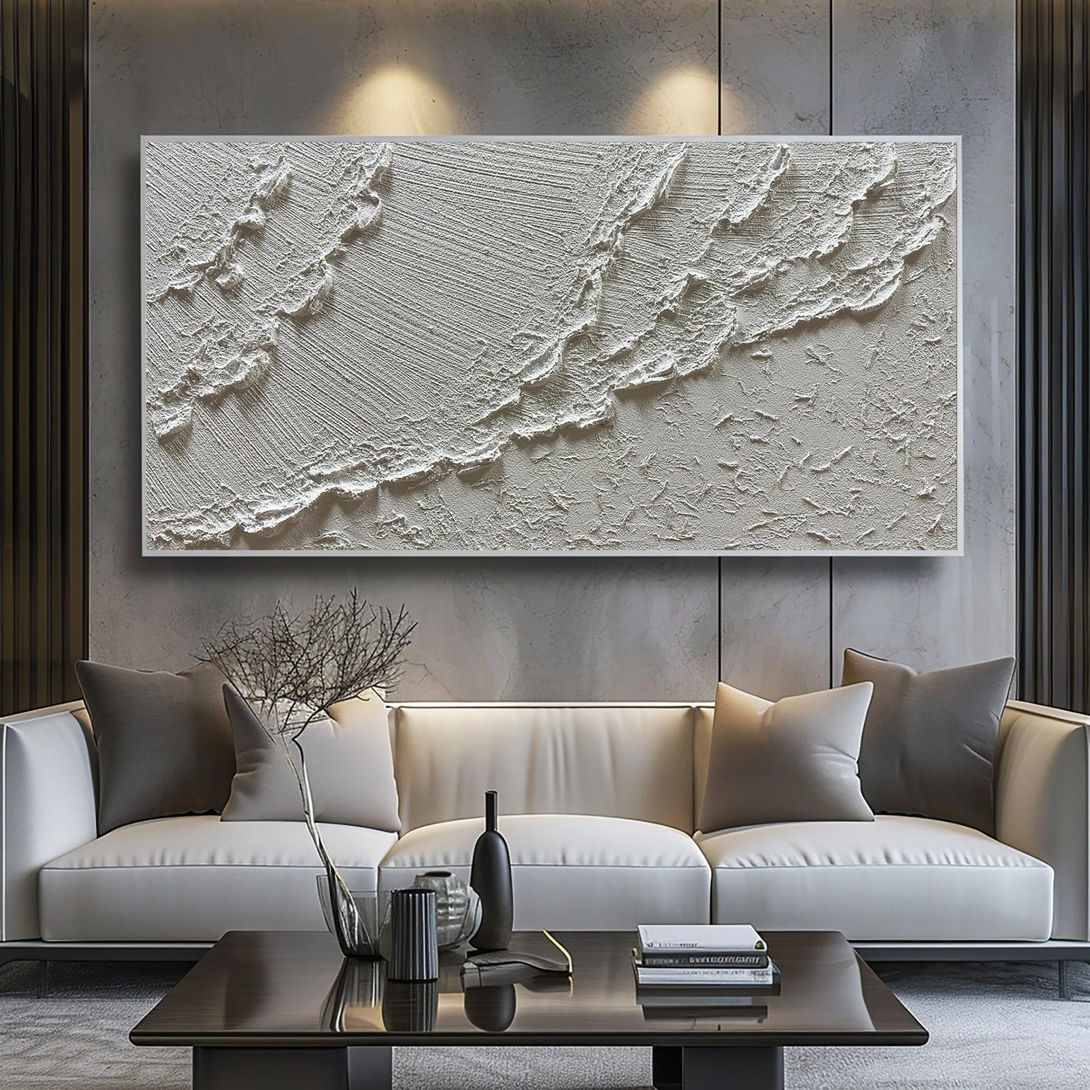 Silver Ridge – Modern White Abstract Relief Minimalist Painting | Modern Minimalist Bedroom & Home Office Art