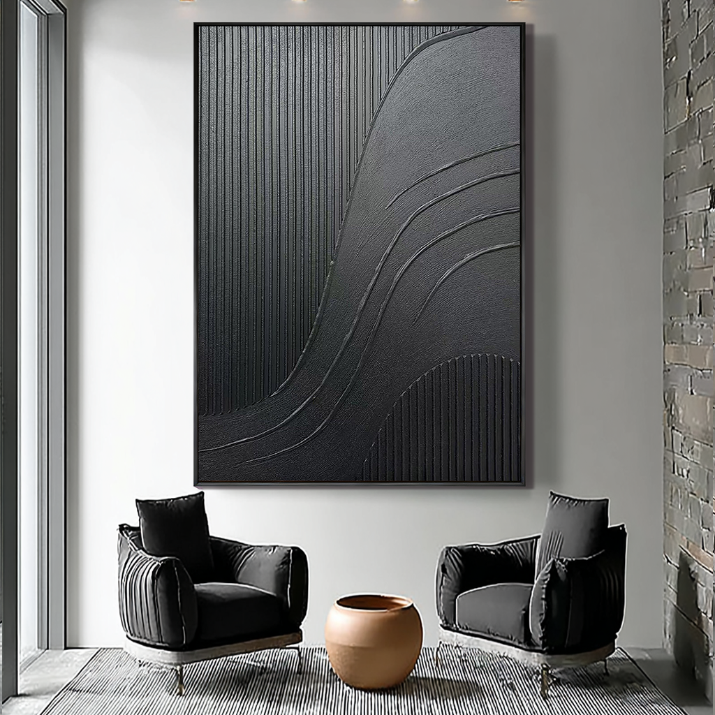 Obsidian Flow – Hand-Painted Pure Black Plaster Effect Multi-Layered Relief Wabi-Sabi Painting | Modern Noir Wabi-Sabi Living Room & Home Office Art