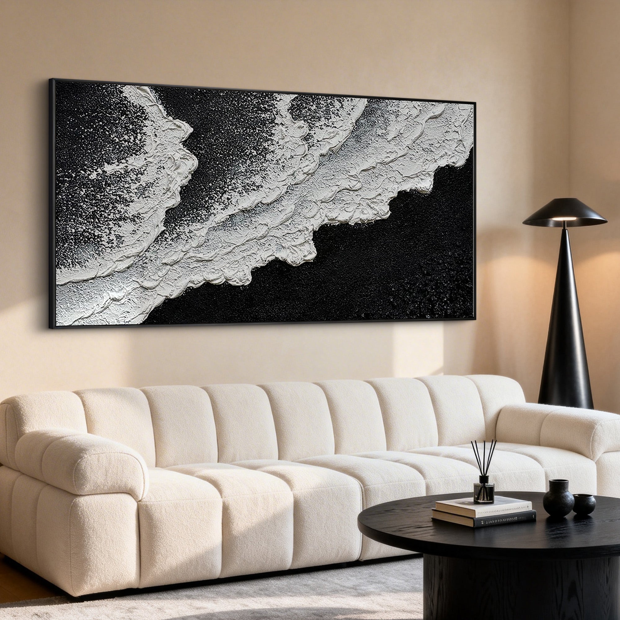 Realm of Undercurrents – Minimalist Black & White Textured Abstract Wave | Modern Luxury Living Room Art