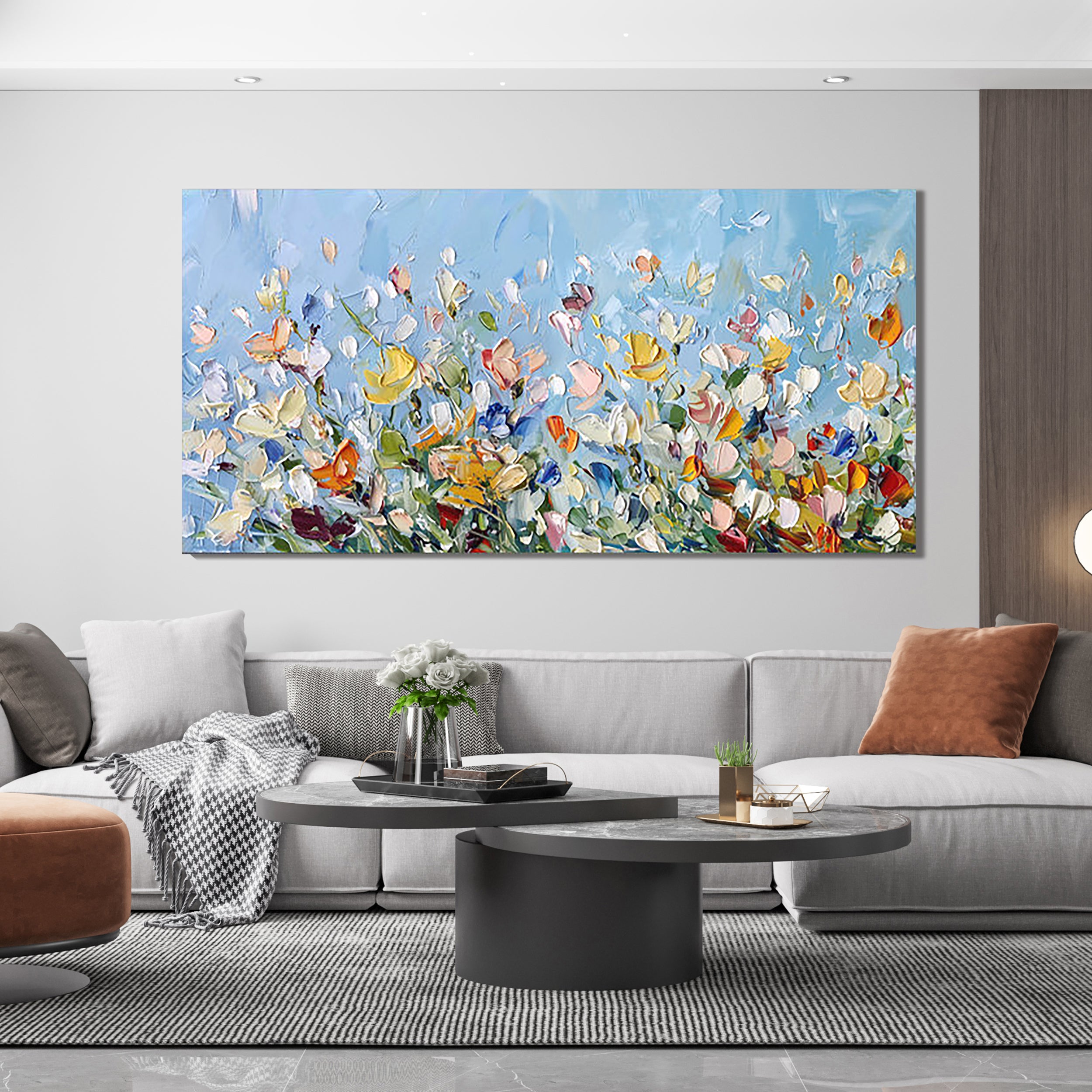 Azure Meadow – Hand-Painted Wildflower Field Impressionist Palette Knife Floral Painting | Contemporary Botanical Bedroom & Living Room Art