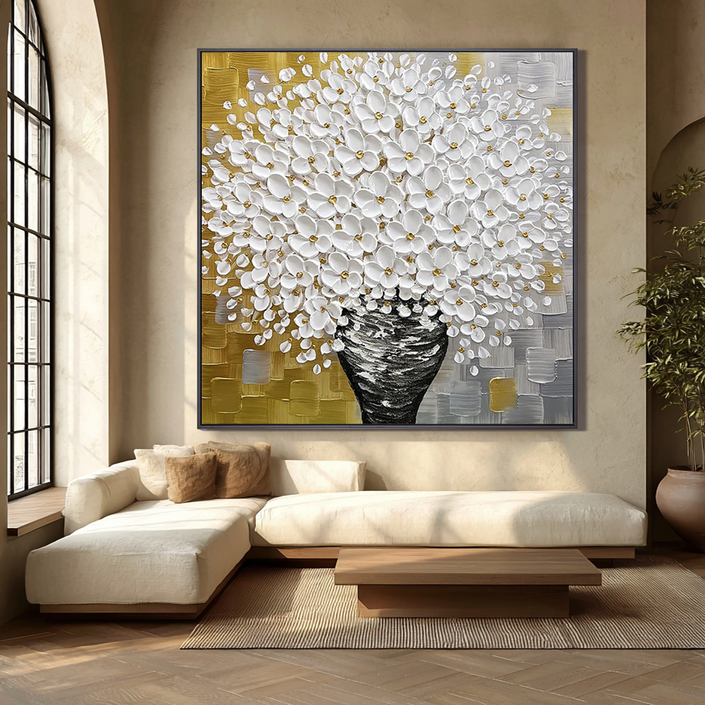 Golden Harvest – Luxury Gold and Grey Floral Relief Floral Painting | Modern Luxury Botanical Bedroom & Living Room Art