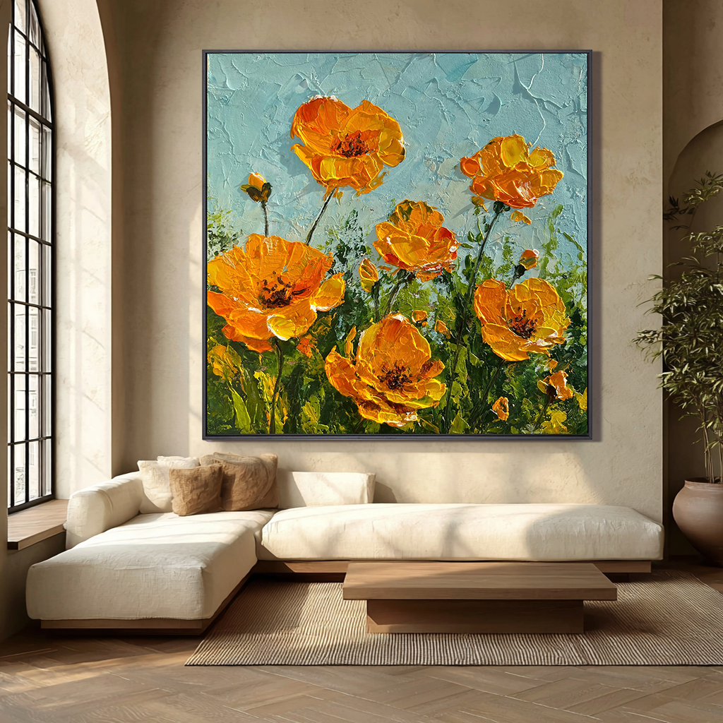 Amber Sunshine – Modern Impasto Orange Floral Oil Painting | Creative Textured Wildflower Hallway Art