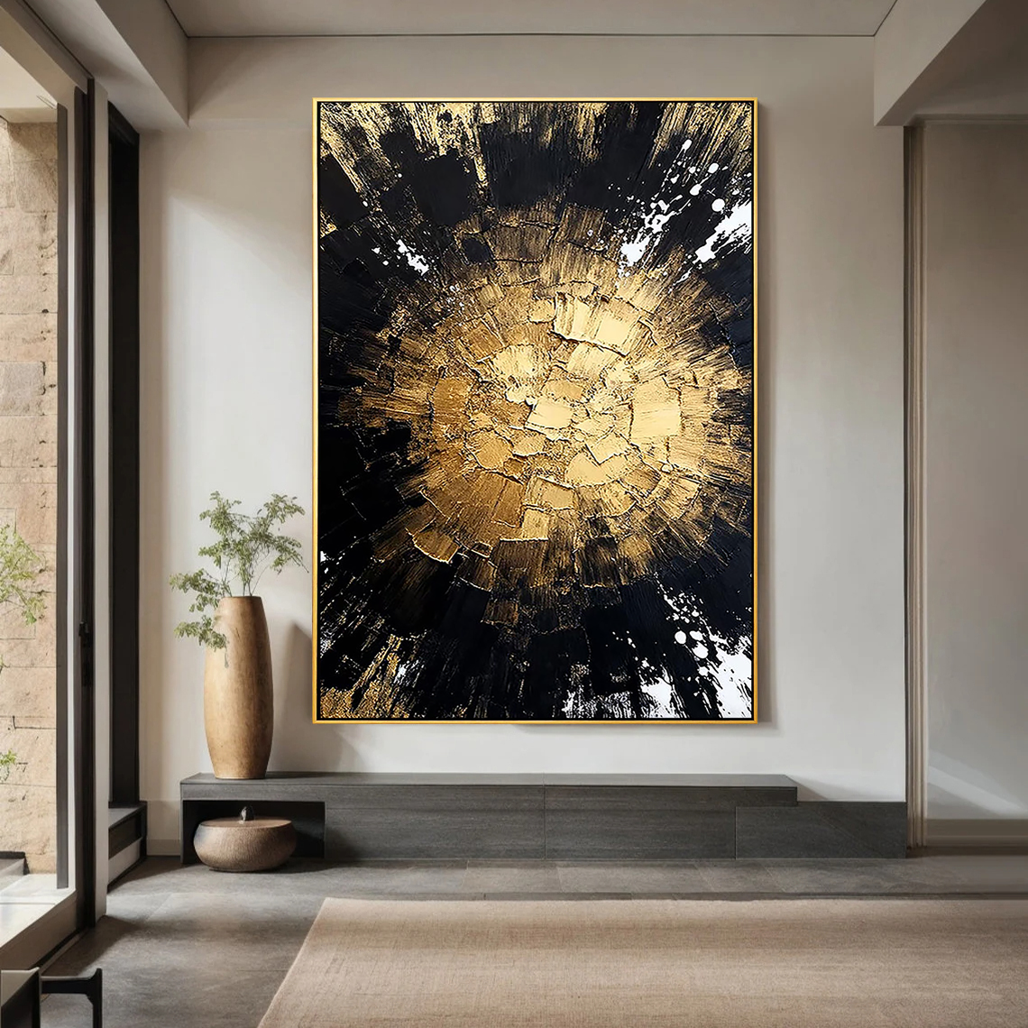 Cosmic Dawn – Modern Luxury Gold & Black Heavy Textured Painting | Premium Abstract Living Room Art