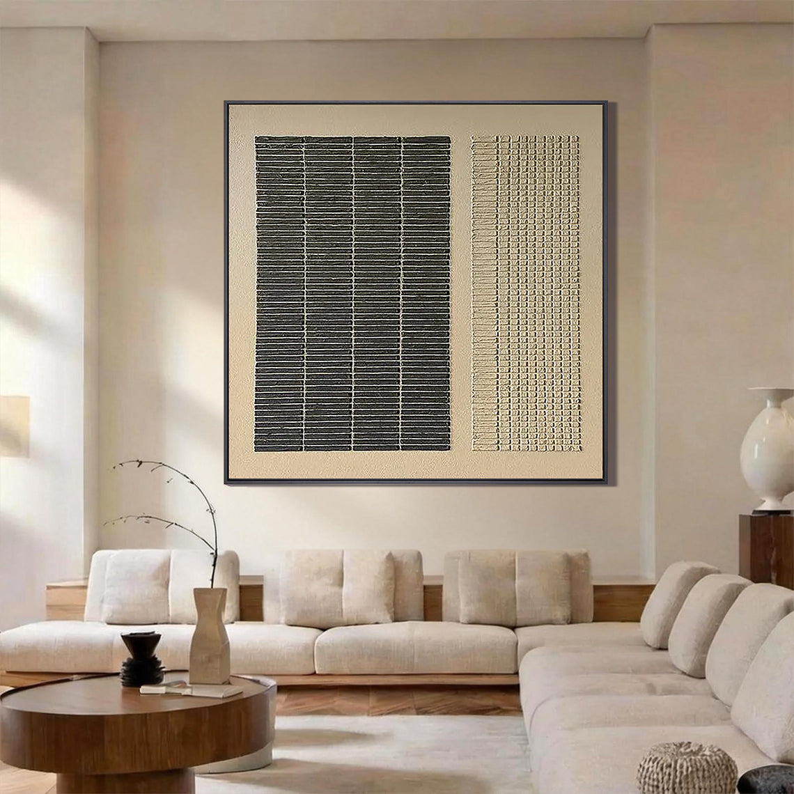 Onyx & Sand – Black & Neutral Plaster Relief Wabi-Sabi Painting | Japandi Organic Wabi-Sabi Living Room & Hallway Art