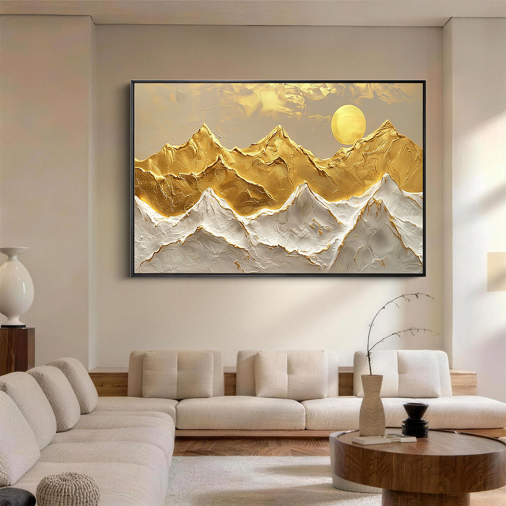 Golden Peaks – Gold Leaf Abstract Landscape Texture Painting | Contemporary Mountain Living Room & Home Office Art