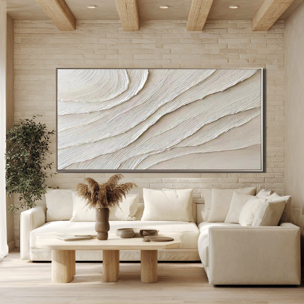 Desert Rhythm – Hand-Painted Creamy White Fluid Plaster Lines Minimalist Painting | Modern Minimalist Bedroom & Home Office Art