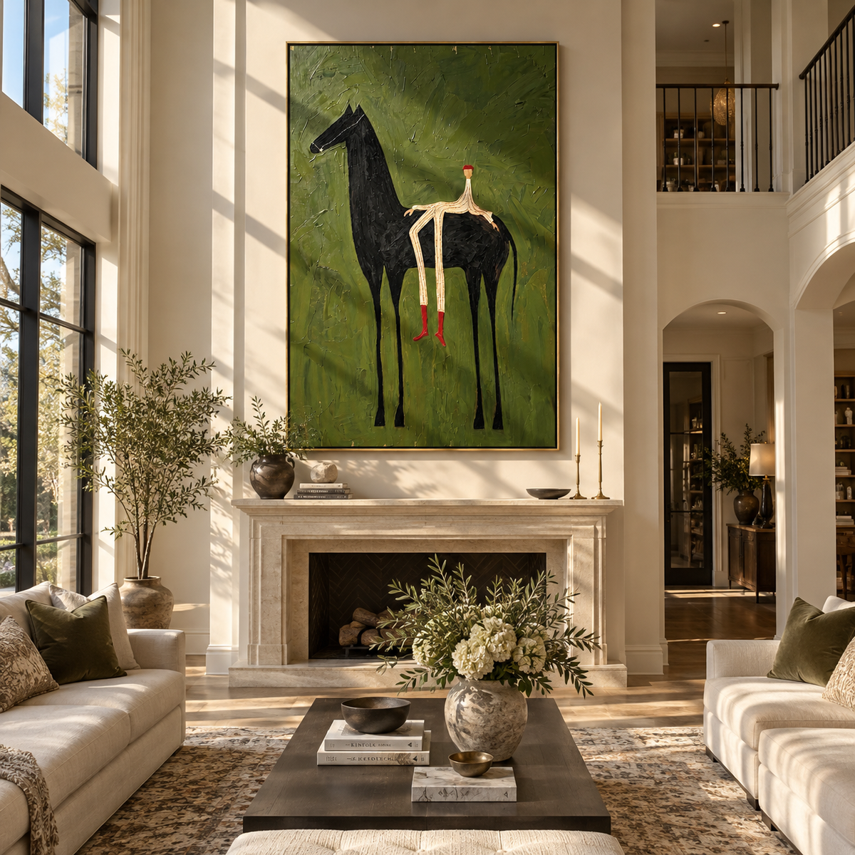 The Solitary Dreamer – Surrealistic Black Horse & Red Boots Painting | Modern Minimalist Living Room Art