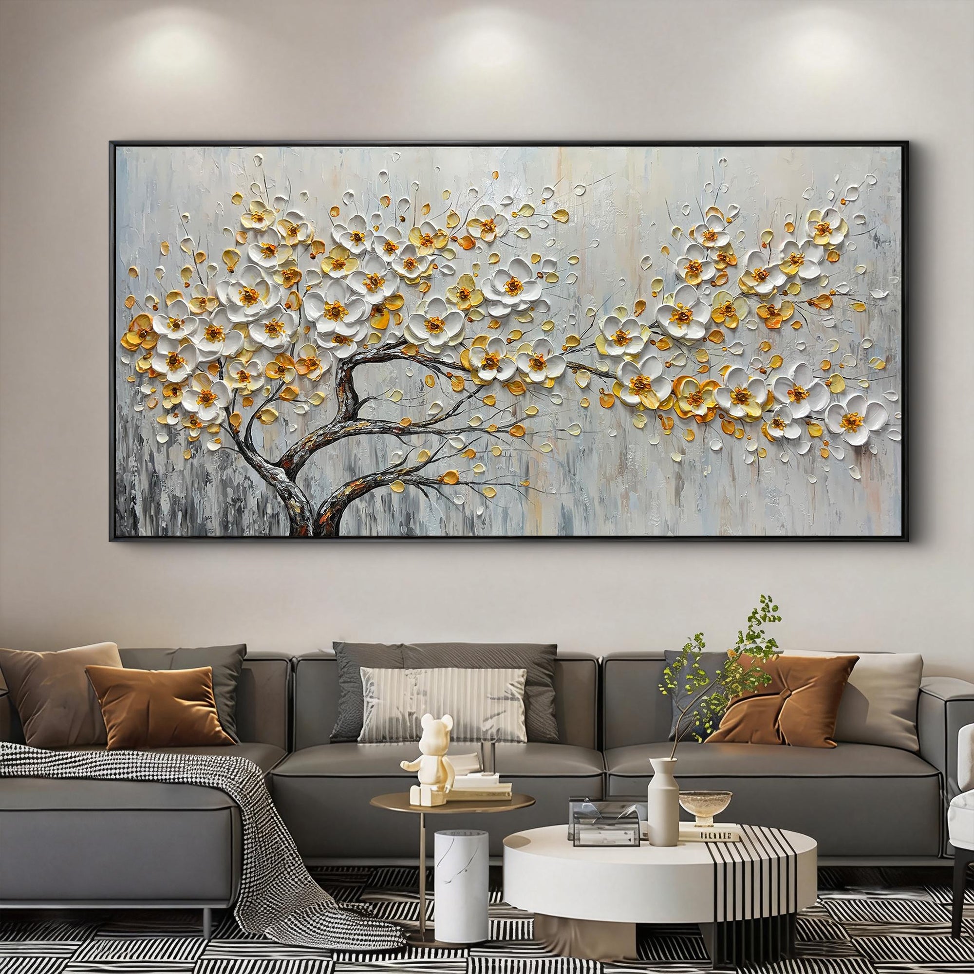 Gilded Blossom – Modern Heavy Textured Floral Painting | Luxury Horizontal Living Room Art