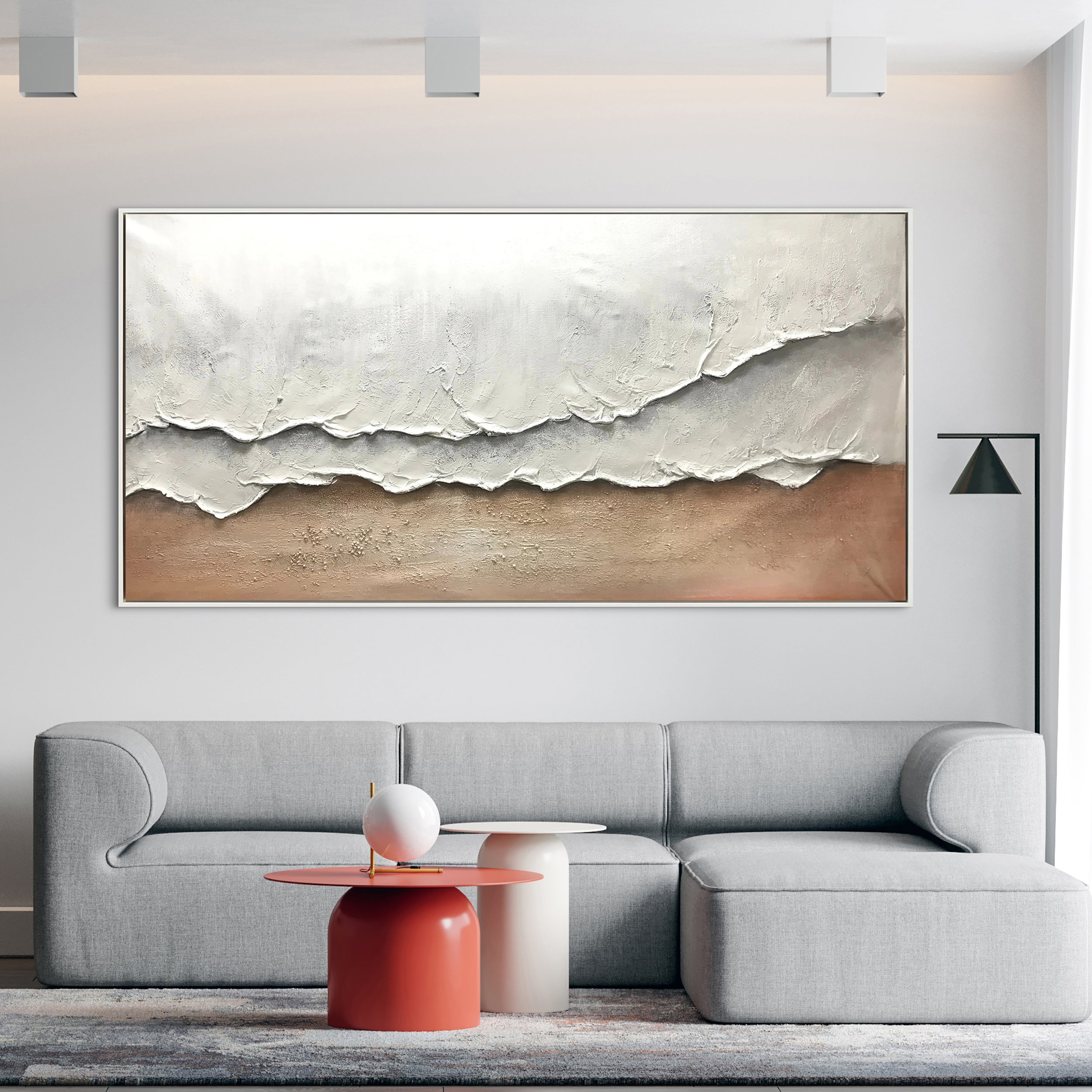 Whispering Sands – Modern Minimalist Creamy Ocean Wave Painting | Wabi-Sabi Textured Living Room Art